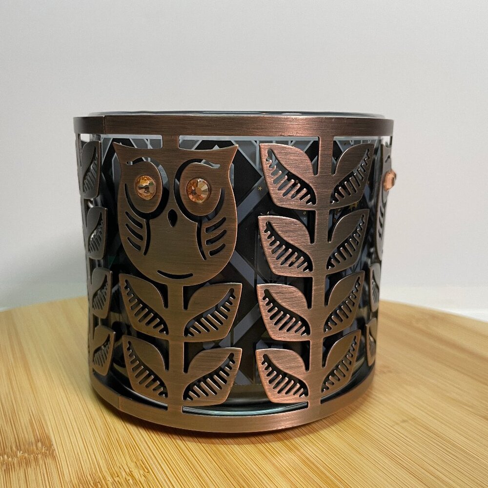 Bath & Body Works Owl Leaf Jewel Eyes Brass Metal Candle Holder Fall 3-Wick